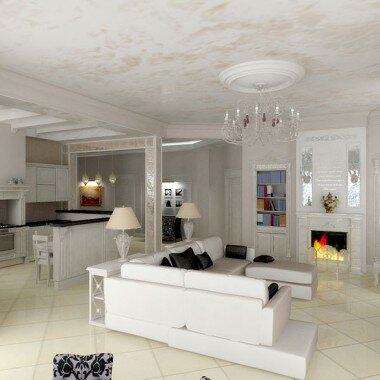 дизайн интерьера коттеджа, дизайн гостиной, большой угловой диван, мраморный портал камина